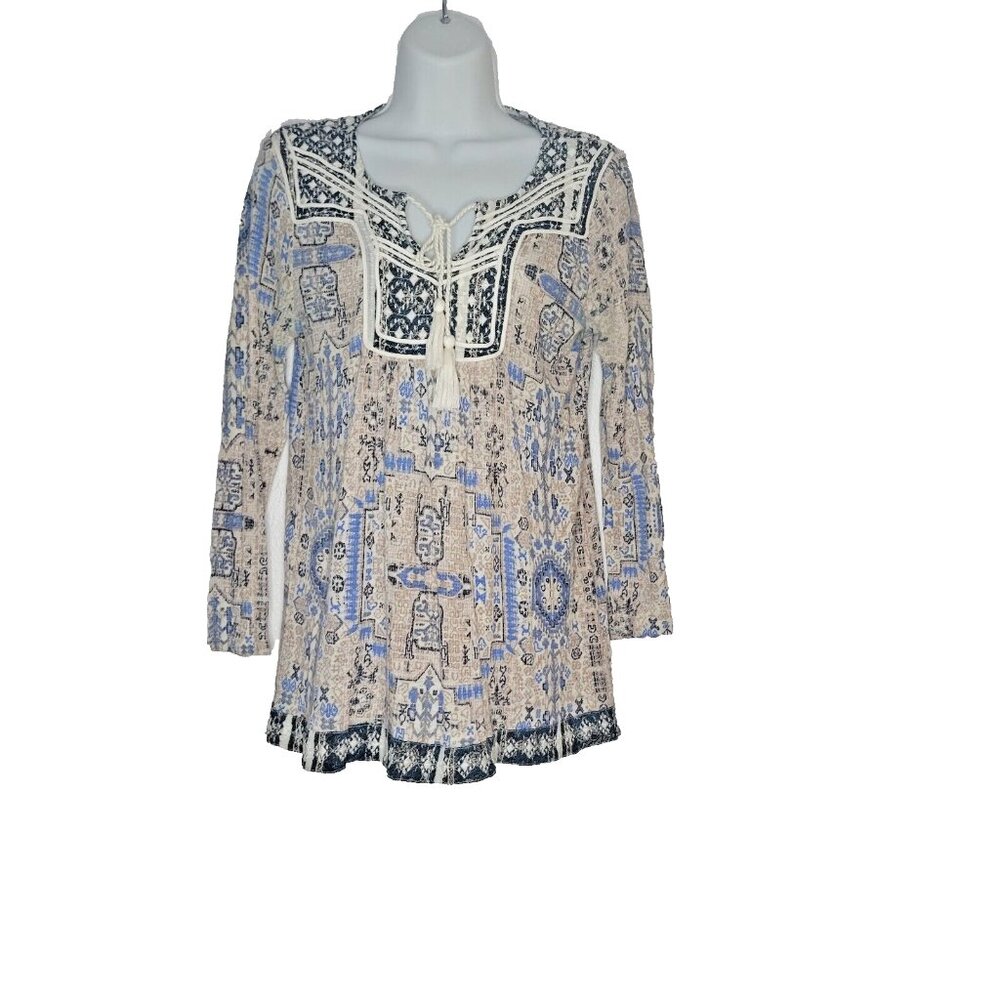 Lucky Brand Top Size S Boho Blue Multicolor 3/4 Sleeve Peasant Tassel Tie